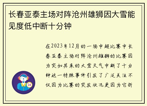长春亚泰主场对阵沧州雄狮因大雪能见度低中断十分钟